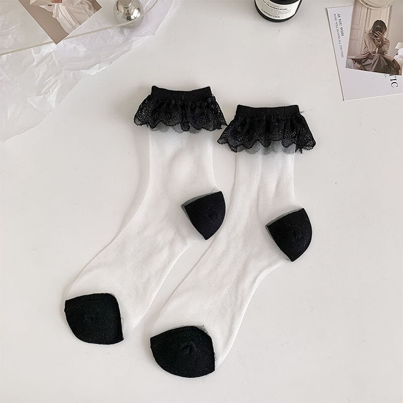 Prodotti Calzini Lolita Sweet Girls in pizzo con volant Calzini ultrasottili trasparenti in seta da donna estiva in cristallo Calzini lunghi elastici a cuore a pois