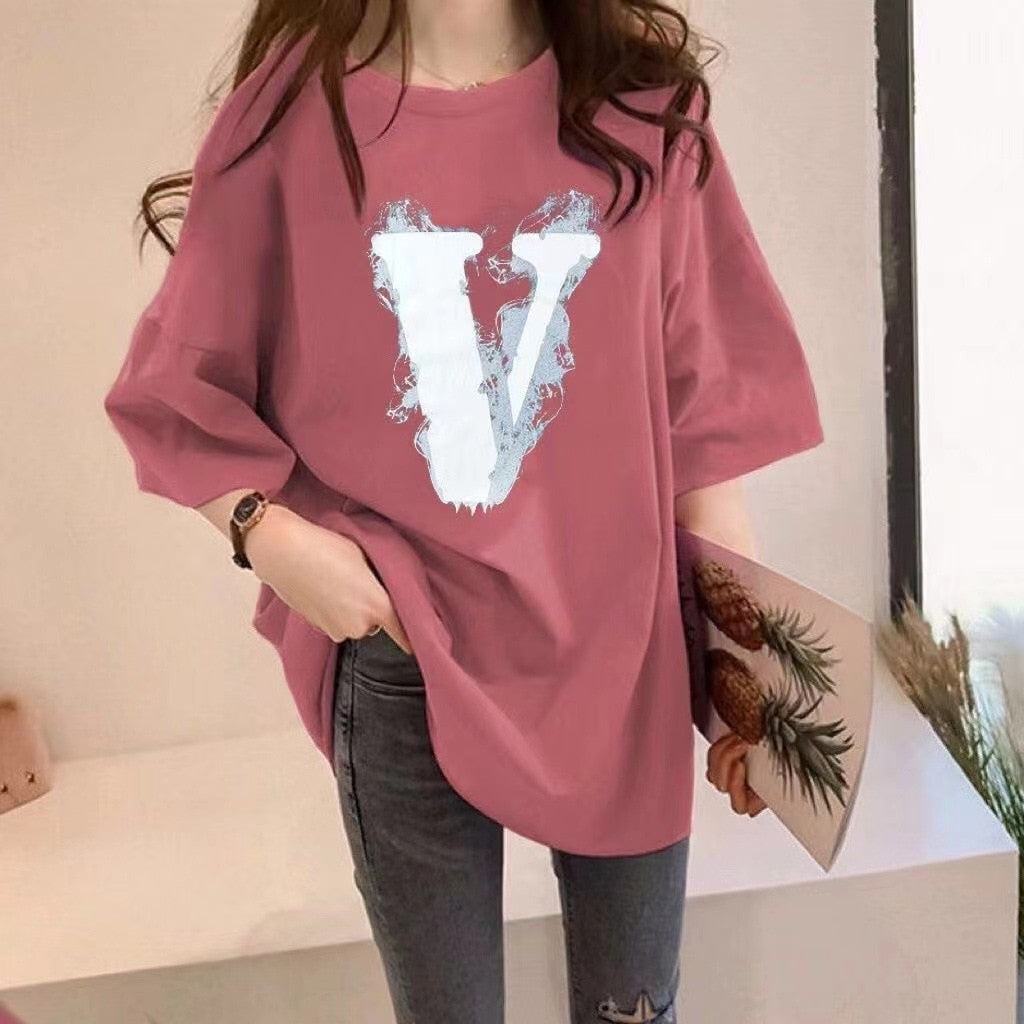 Prodotti T-shirt in cotone T-shirt girocollo a mezza manica stampata da ragazza estiva T-shirt a mezza manica in cotone a mezza manica allentata da donna T-shirt grande