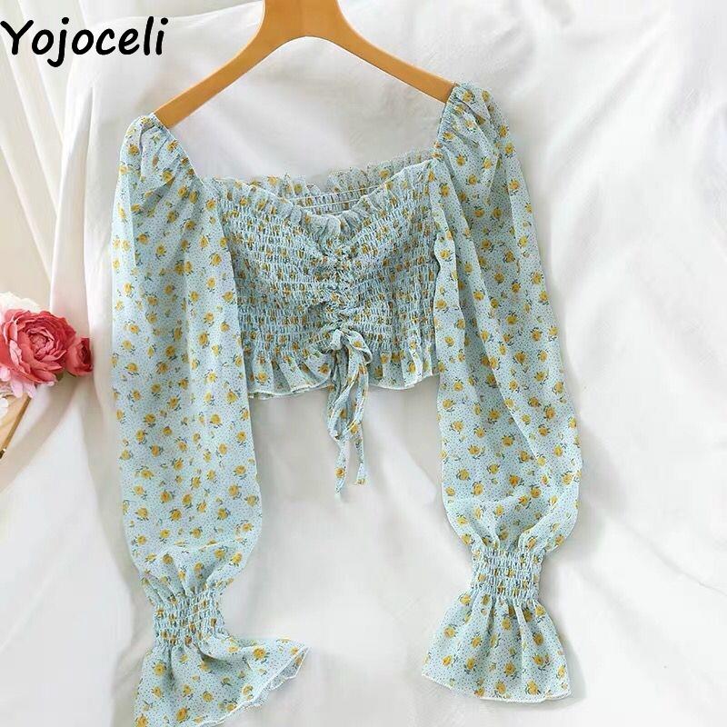 Prodotti Yojoceli Sexy camicetta in chiffon con stampa pieghettata da donna Autunno spiaggia casual short crop top femminile Camicetta elegante con volant