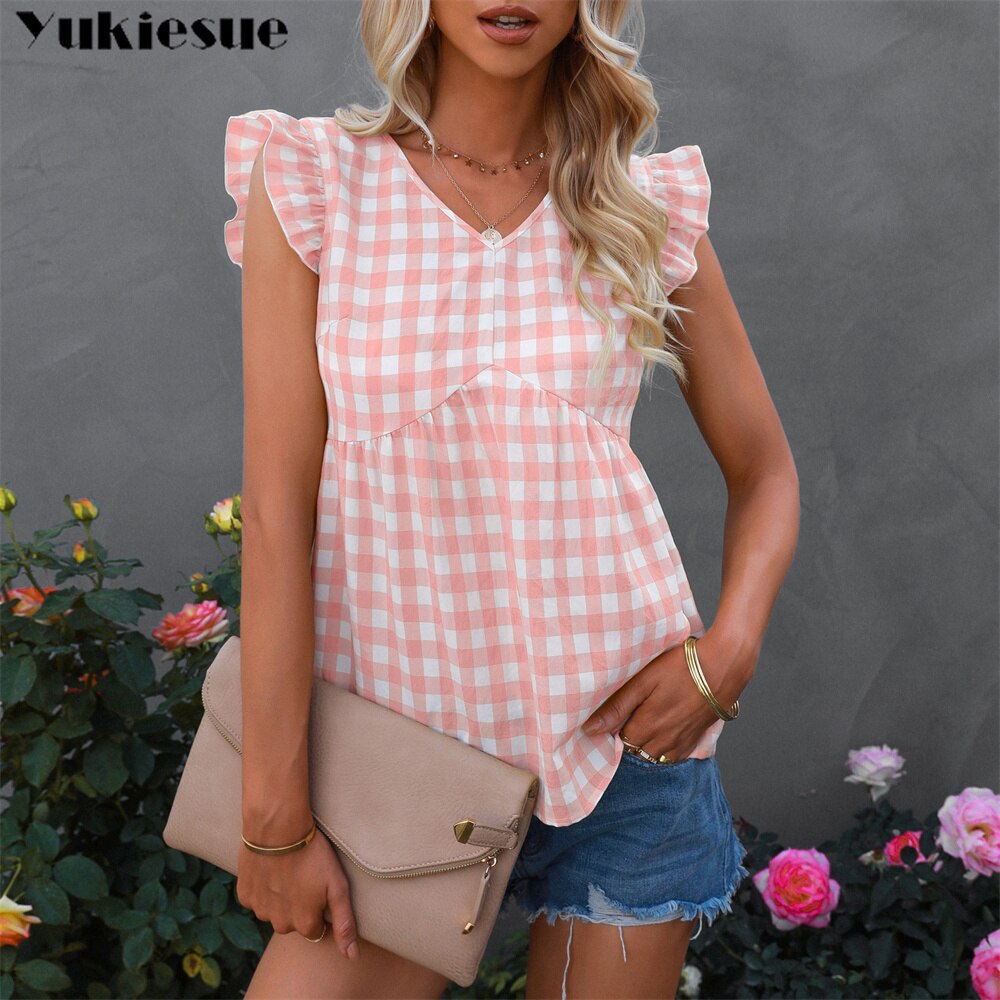 Elegante donna estiva senza maniche con volant camicette moda donna casual top donna 2021 camicia a quadri camicetta chemise femme blusas Informazioni Bozza