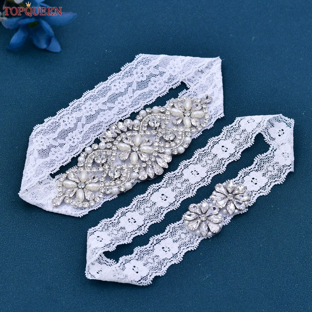 TOPQUEEN Set di giarrettiere per ragazze sexy da sposa in pizzo bianco per donna Cintura con strass argento Giarrettiere da sposa nere per abito da sposa S76