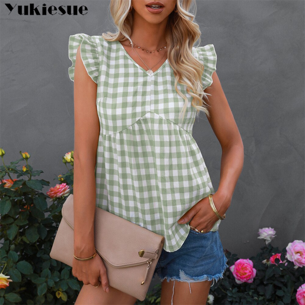 Elegante donna estiva senza maniche con volant camicette moda donna casual top donna 2021 camicia a quadri camicetta chemise femme blusas Informazioni Bozza