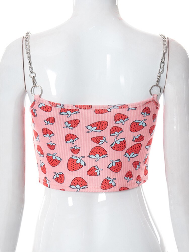 Summer Pink Crop Tops 2022 Casual Short Vest Candy Color Strawberry Print Chain Sling Off Shoulder Sexy Street Crop Top Harajuku