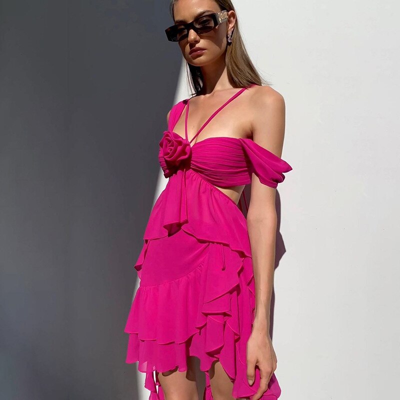 Prodotti Mini abito senza spalline sexy con fiori estivi 3D per le donne Abiti da spiaggia Abiti da vacanza Abiti da sole senza schienale Vestiti grunge di fata