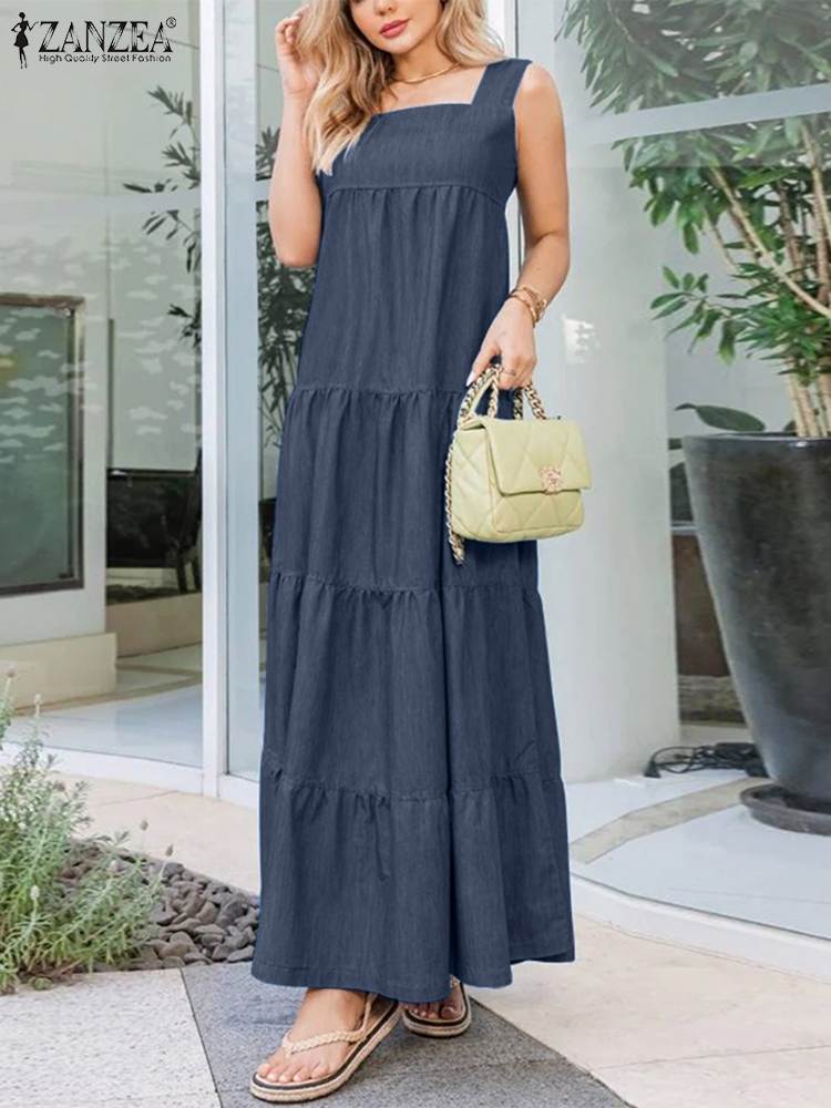 Prodotti ZANZEA Summer Denim Sundress Women Jeans Dress Vintage Loose Maxi Vestido Fashion Denim Blue Abiti Holiday Robe Streetwear