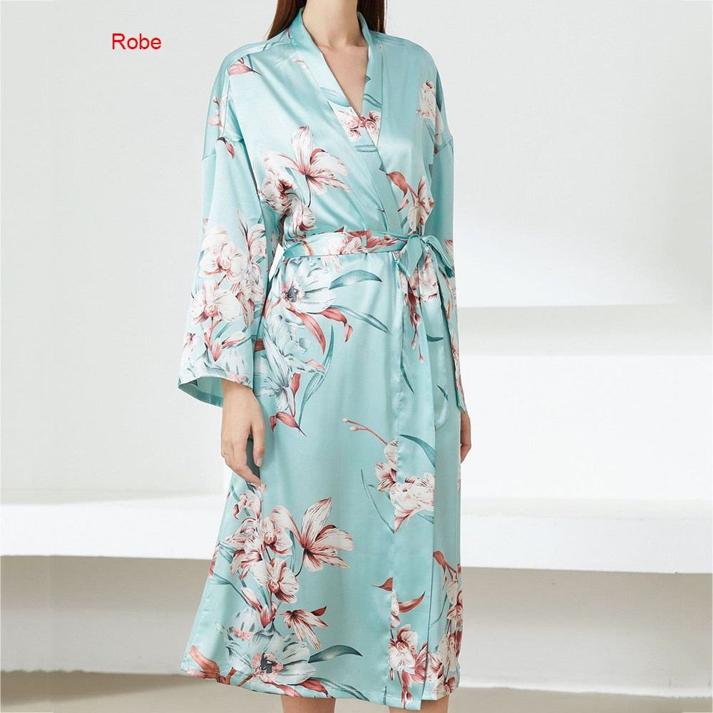 Prodotti Stampa Flower NightyRobe Suit Sleepwear Sexy Kimono in raso Abito da donna Accappatoio Intimo Lingerie Nightwear Camicia da notte di seta