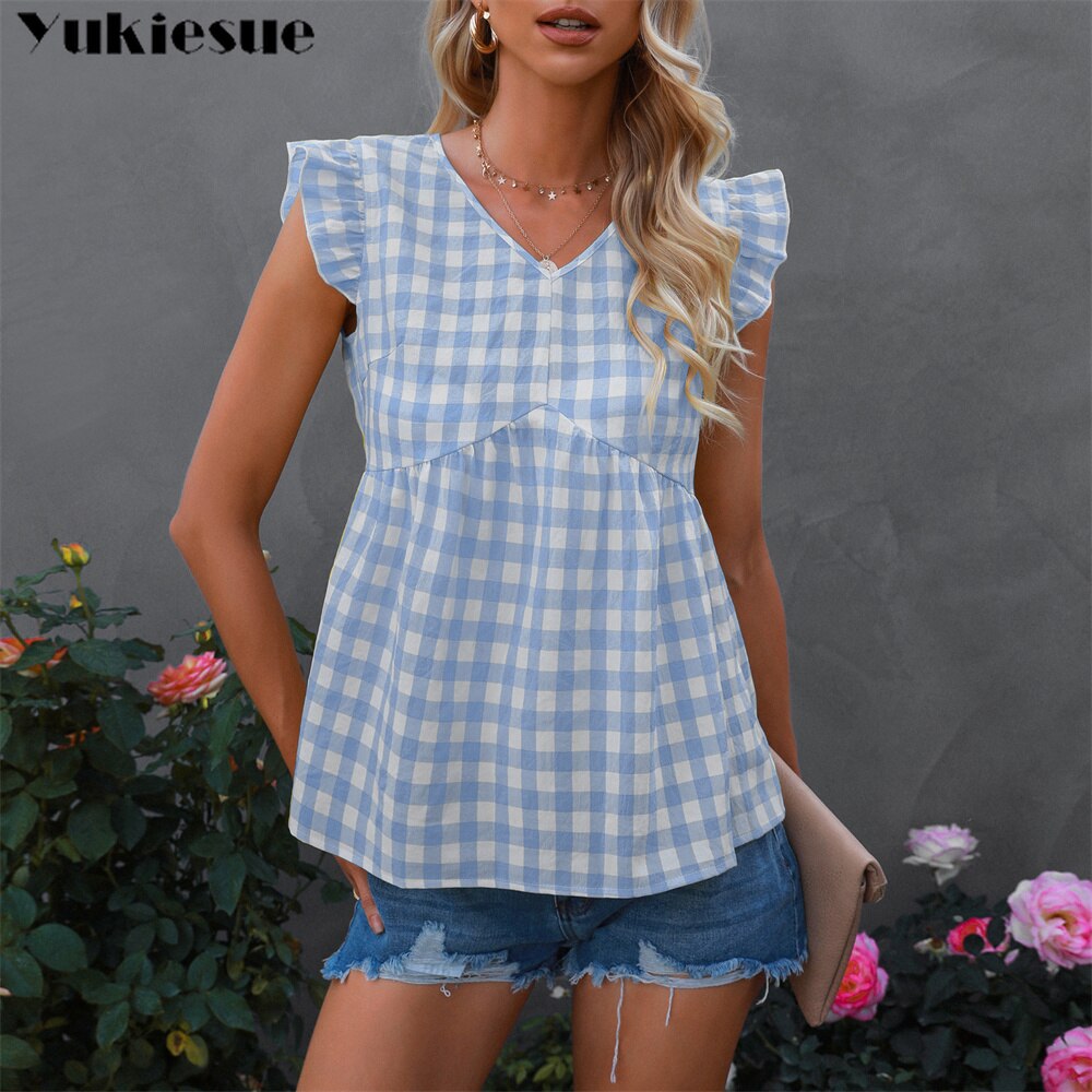 Elegante donna estiva senza maniche con volant camicette moda donna casual top donna 2021 camicia a quadri camicetta chemise femme blusas Informazioni Bozza