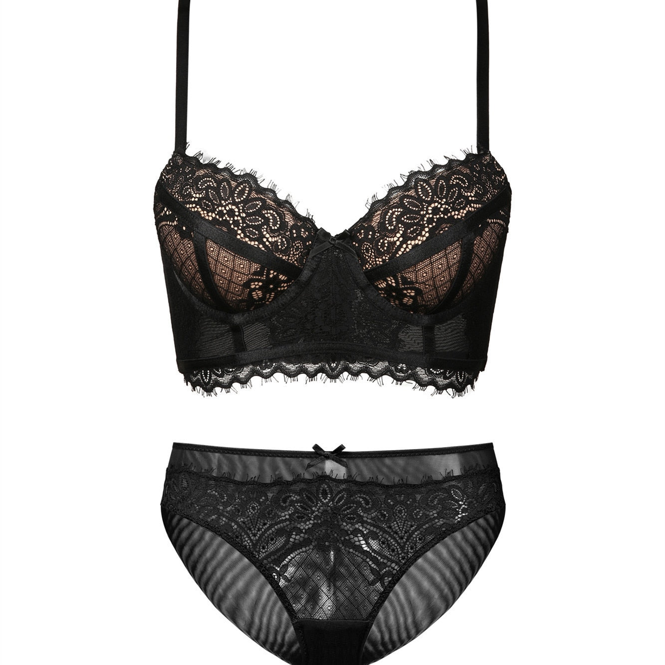 Set di biancheria intima da donna nuova Set di reggiseno push-up con ricami in pizzo sexy Set di reggiseni e mutandine di marche di lingerie comode e romantiche nere