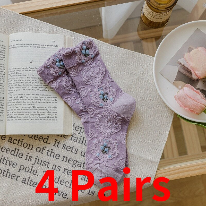 Prodotti 4 paia di calze da donna in cotone viola serie dolce di alta qualità Harajuku Kawaii Lolita ragazza carino grazioso regalo fiore calzini