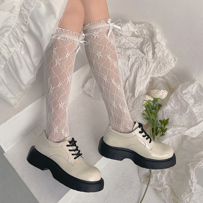 Prodotti Calze di pizzo Lolita Donna Calzini trasparenti con frange sottili Calzini lunghi Jk Bowknot Calzini alti elastici al ginocchio Coscia Calcetine femminile Medias