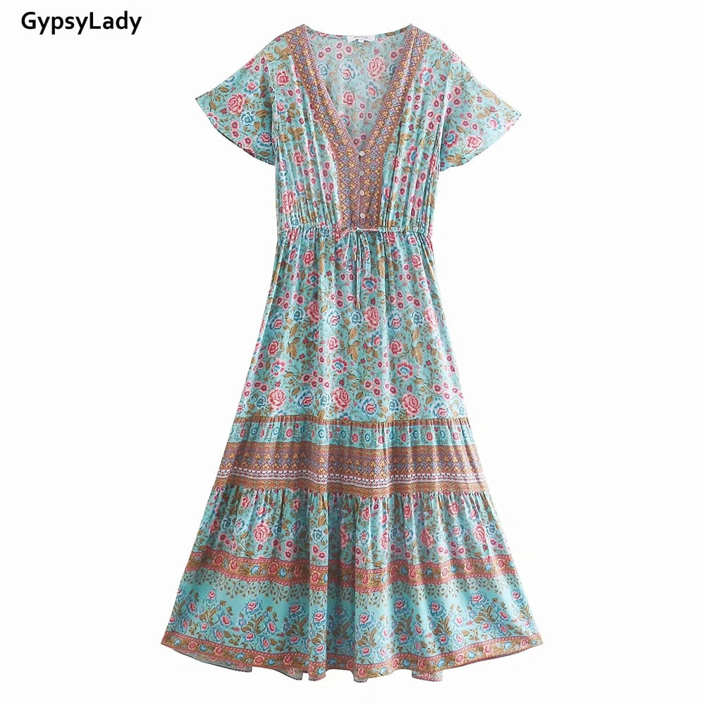 Prodotti GypsyLady Maxi abito stampato floreale Vintage Boho Summer Holiday Women Abiti Casual Chic Tie Lace Up Ladies Beach Abito femminile