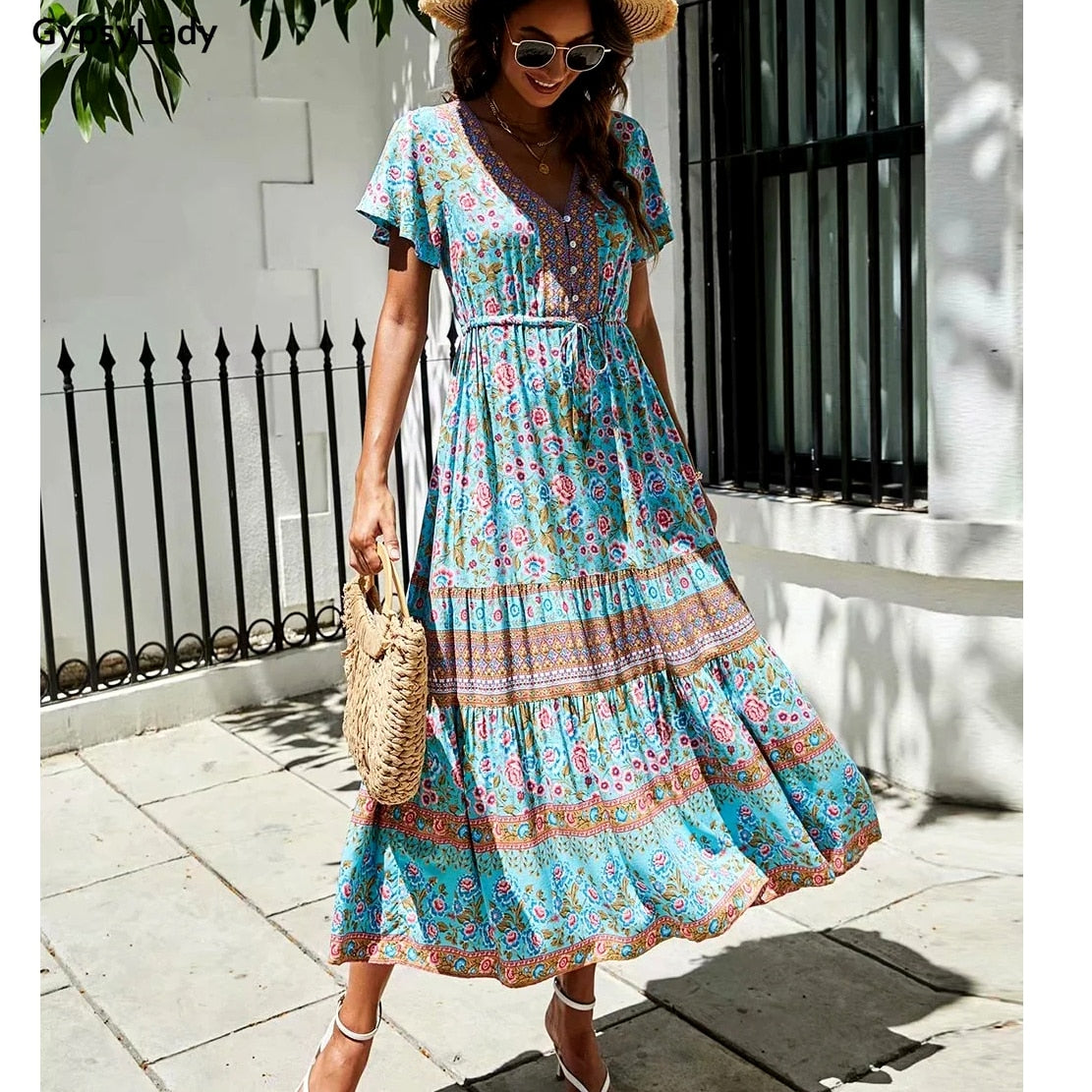 Prodotti GypsyLady Maxi abito stampato floreale Vintage Boho Summer Holiday Women Abiti Casual Chic Tie Lace Up Ladies Beach Abito femminile