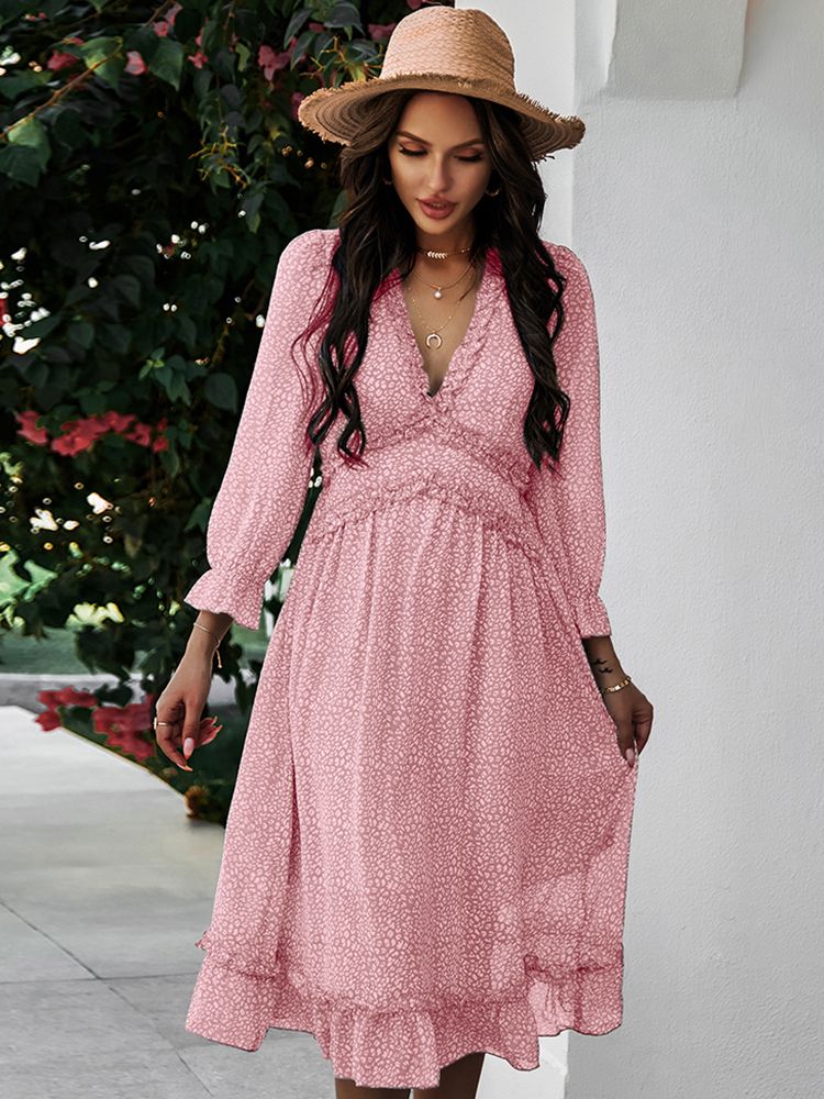 Prodotti Boho Summer Dress Women 2022 Ruffles Print V Neck Chiffon Midi Dress Polso Flare Sleeve Empire Holiday Beach Abiti Donna