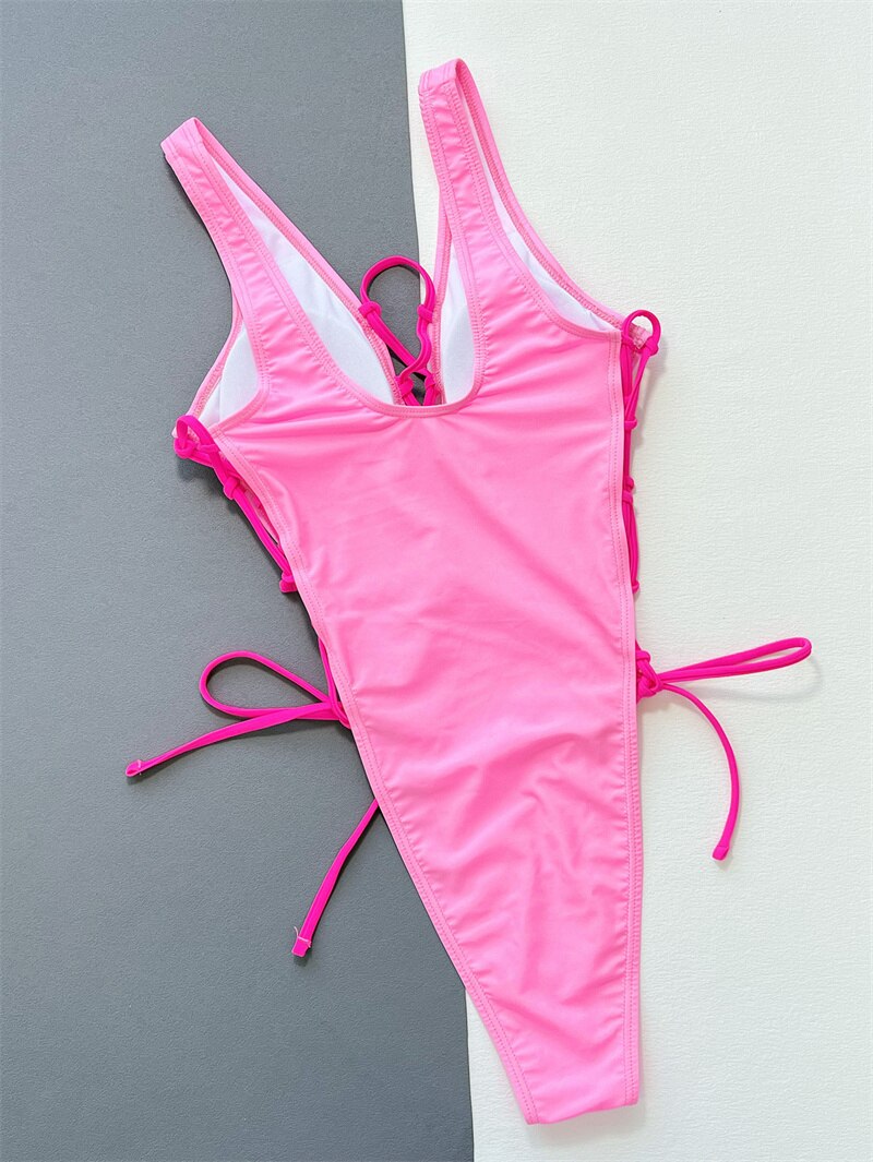 Prodotti Para Praia Costume da bagno intero con scollo all'americana rosa 2023 Costumi da bagno con coulisse per donna Costume da bagno sexy con taglio alto Monokini a vita alta