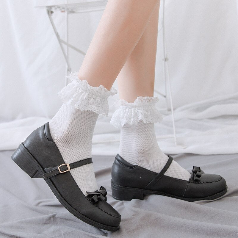 Prodotti Calzini da donna Stile Lolita Calzini con volant bianchi neri Mesh Thin Lace Sweet Girls Moda giapponese Lolita Kawaii Cute Socks Women