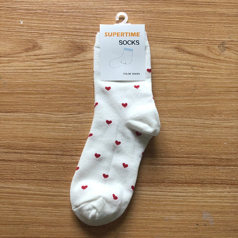 Prodotti Calzini lunghi carini da donna in cotone Love Heart con stampa Kawaii Beautiful Ladies Designer Socks High Art Warm Sokken Femme Calze