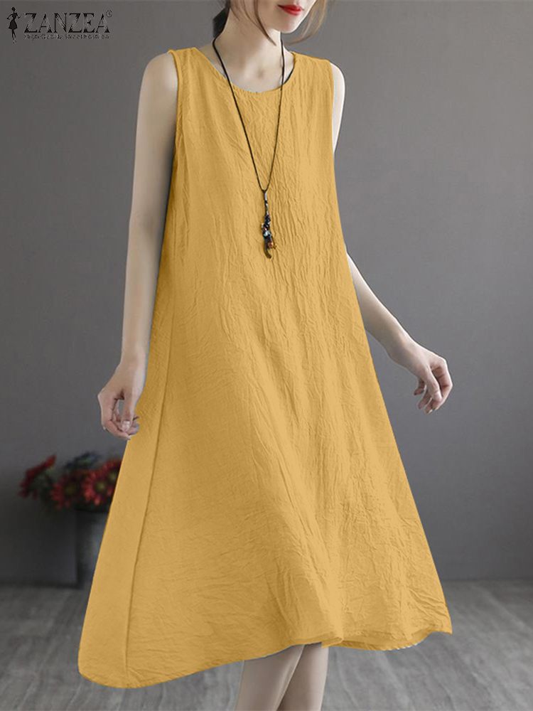 Prodotti ZANZEA Vintage Kaftan Summer Casual Midi Long Dress Donna senza maniche O-Collo Holiday Sundress Oversize A Line Abiti larghi