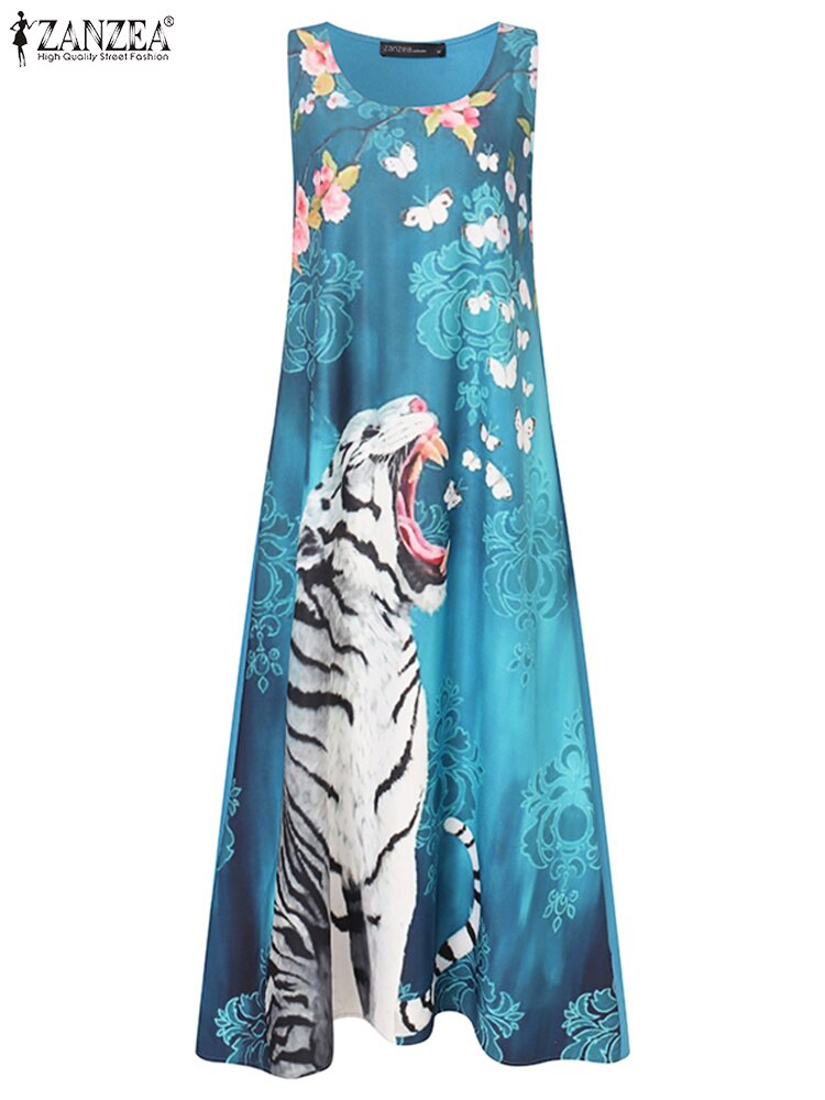 Prodotti Summer Tiger Stampato Beach Dress ZANZEA Donna O Collo Senza maniche Floreale Vestito estivo Bohemian Party Long Tanks Vestido Robe Femme