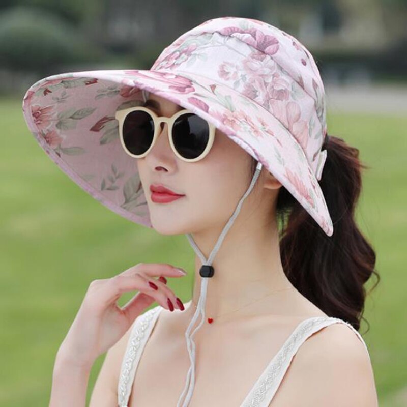 Cappello da sole in cotone con fiocco in cotone con stampa floreale coreana Cappello superiore pieghevole UV vuoto da donna Cappello da protezione solare traspirante a tesa larga da spiaggia da viaggio all'aperto U78