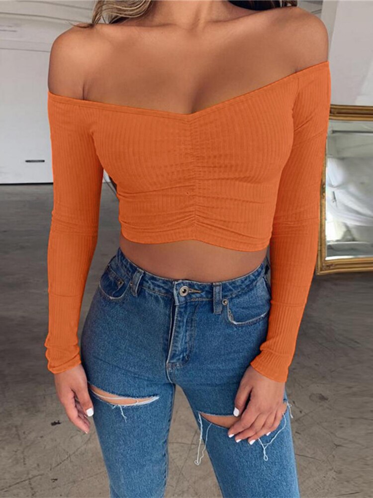 New Stylish Street Abbigliamento Donna Crop Top Increspato Backless Casual Short Tee Basic Manica lunga T-shirt solida con spalle scoperte