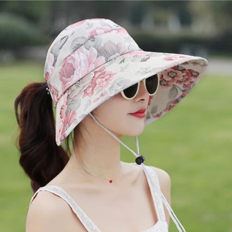 Cappello da sole in cotone con fiocco in cotone con stampa floreale coreana Cappello superiore pieghevole UV vuoto da donna Cappello da protezione solare traspirante a tesa larga da spiaggia da viaggio all'aperto U78