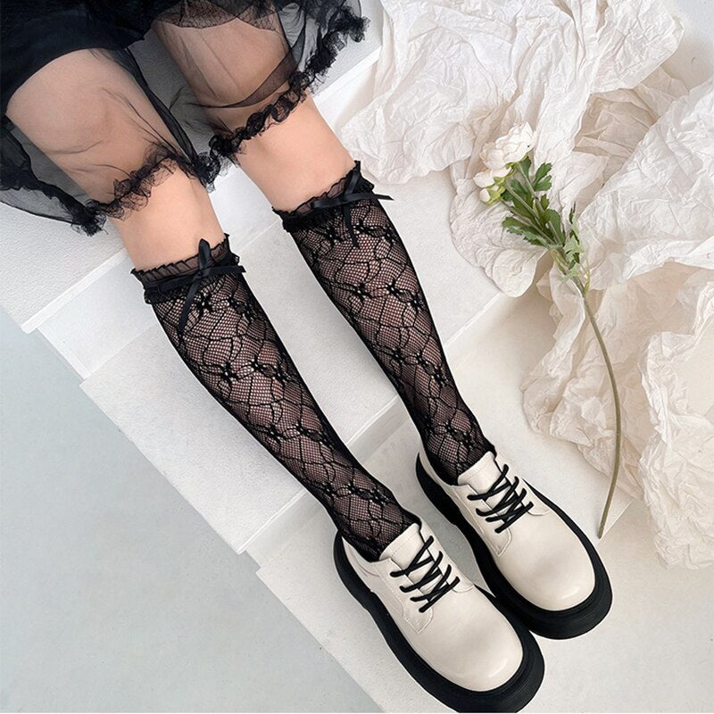 Prodotti Calze di pizzo Lolita Donna Calzini trasparenti con frange sottili Calzini lunghi Jk Bowknot Calzini alti elastici al ginocchio Coscia Calcetine femminile Medias