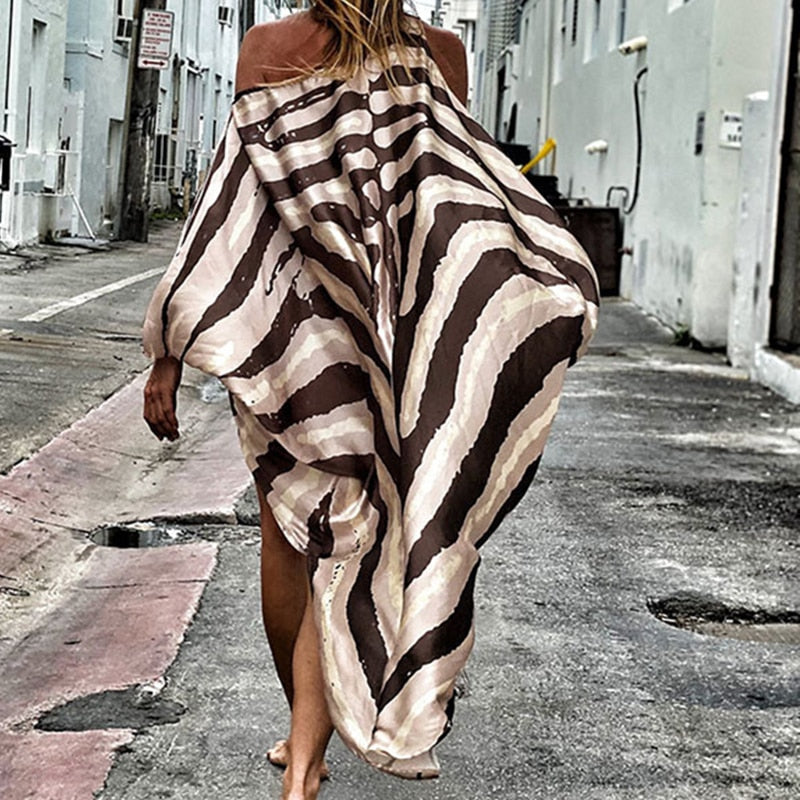 Prodotti Abito da spiaggia con stampa estiva Copricostume da donna con spalle scoperte Moda Parei lunghi Abito boho oversize Costume da bagno allentato Coprispalle Abito