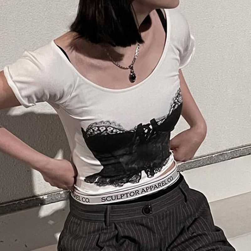 Prodotti IAMHOTTY Carino Cami Stampa Crop Top Bianco Harajuku T-Shirt Manica Corta In Cotone Magliette Delle Donne Soft Girl Estetico Pullover Y2K Magliette E Camicette