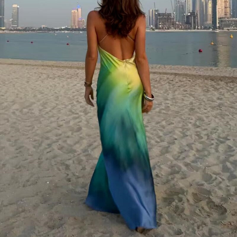 2023 Sexy scollo a V profondo Gradient Tie-dye Satin Sling Dress Women Cross Bandage Backless Long Robe Party Summer