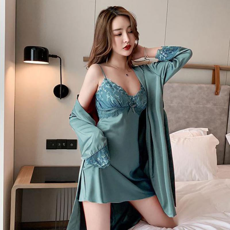 Fiore di pizzo 2 PZ Kimono Robe Set Femminile Degli Indumenti Da Notte Intimatye Lingerie Pigiama Accappatoio Abito In Raso Homewear Da Notte Informazioni Bozza