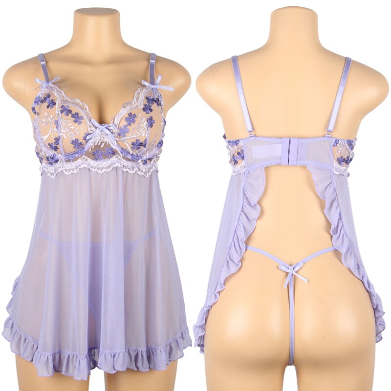 Prodotti Comeonlover Plus Size Lingerie Abito da notte Camicia da notte con scollo a V Camicia da notte aperta sul retro Camicie da notte con volant a rete Cinturino per spaghetti Pizzo Sleepwear