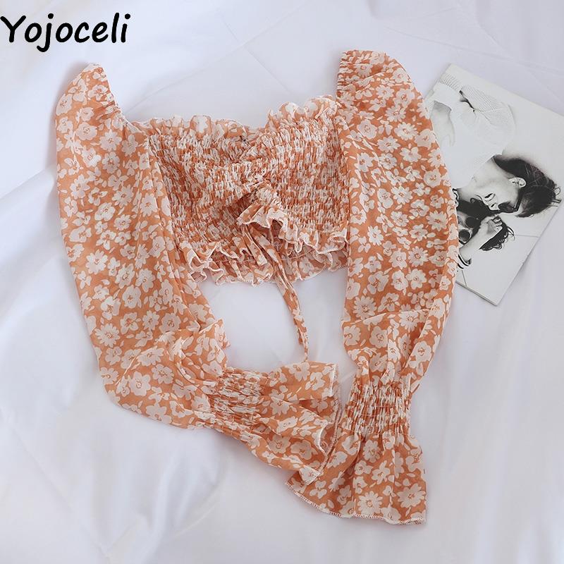 Prodotti Yojoceli Sexy camicetta in chiffon con stampa pieghettata da donna Autunno spiaggia casual short crop top femminile Camicetta elegante con volant