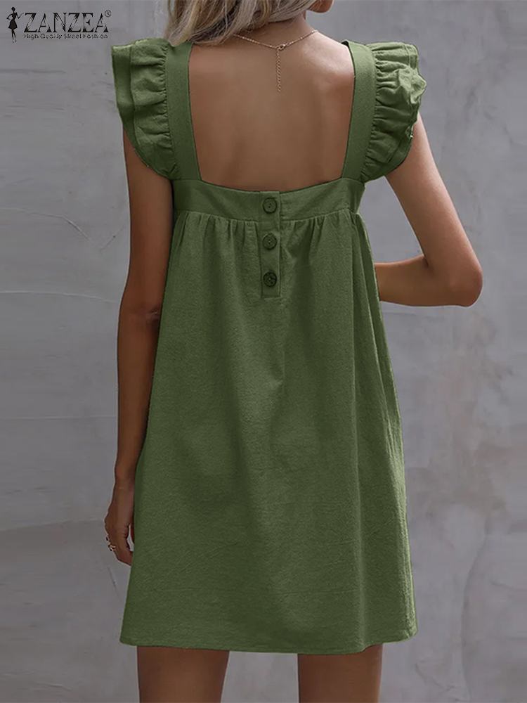 Prodotti 2023 ZANZEA Sexy Backless Vestito Delle Donne di Estate Senza Maniche Increspature Vestito Estivo Elegante Scollo Quadrato Del Partito Vestido Vacanza Robe Sarafans