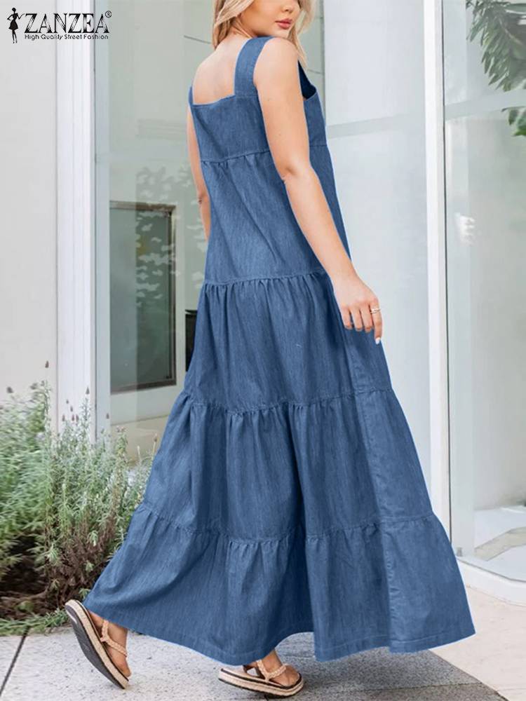 Prodotti ZANZEA Summer Denim Sundress Women Jeans Dress Vintage Loose Maxi Vestido Fashion Denim Blue Abiti Holiday Robe Streetwear