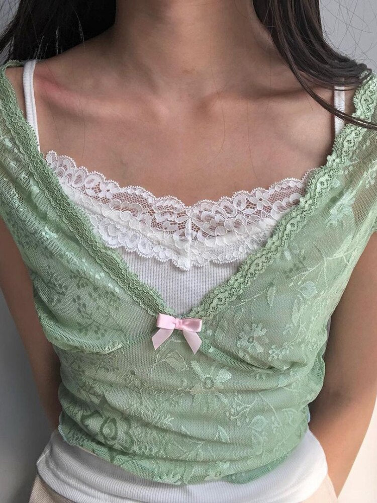 Prodotti IAMHOTTY Sweet Y2K Pizzo Cami Patchwork Top corto Viola Coquette T-shirt in pizzo manica corta estetica Fairycore Abiti carini