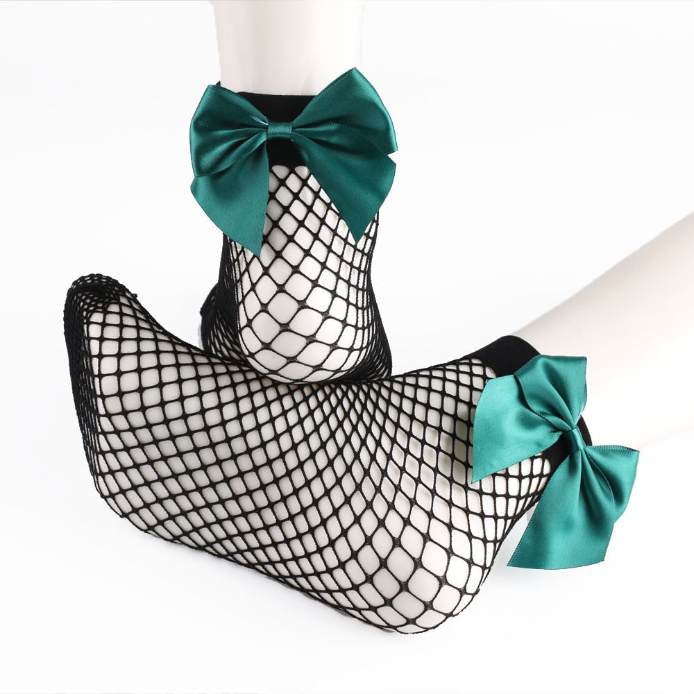 Calzini a rete con nodo a fiocco bianco traspirante Harajuku da donna chic. Calzini a rete a rete scavati sexy Calzini da donna stile Lolita Bow Sox