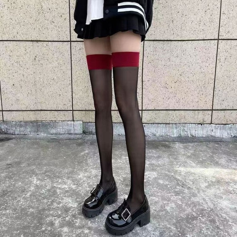 Prodotti Costumi JK Donne Sexy Calze a rete alte alla coscia Lolita Ragazze Punk gotico Trasparente sopra il ginocchio Calze lunghe rosse con bordo largo