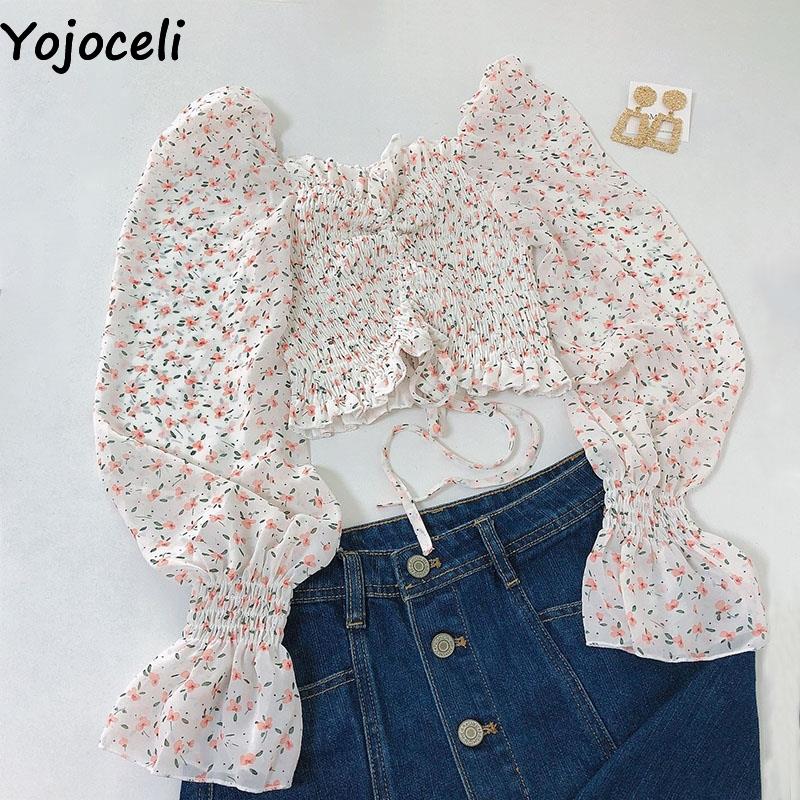 Prodotti Yojoceli Sexy camicetta in chiffon con stampa pieghettata da donna Autunno spiaggia casual short crop top femminile Camicetta elegante con volant