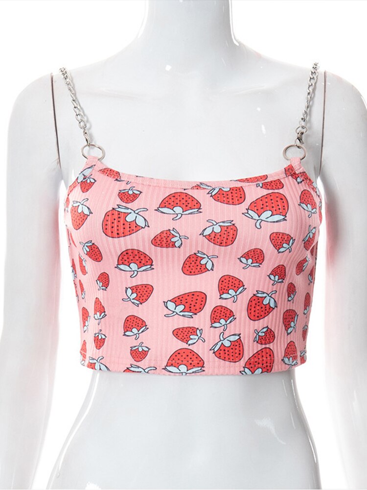 Summer Pink Crop Tops 2022 Casual Short Vest Candy Color Strawberry Print Chain Sling Off Shoulder Sexy Street Crop Top Harajuku