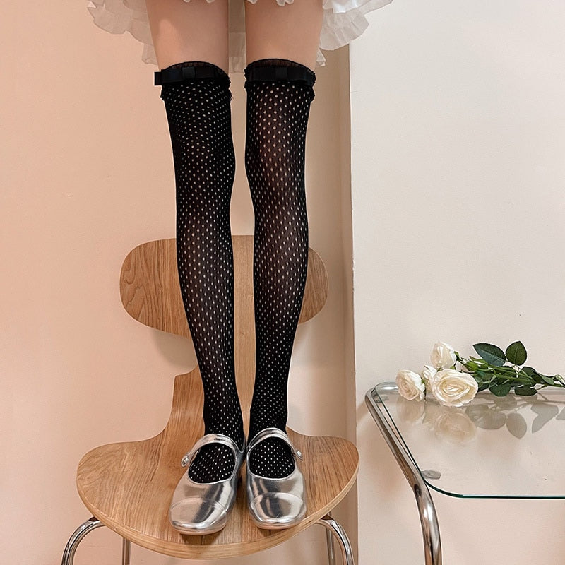 Prodotti Lolita Calze con volant in pizzo Donna JK Calze sopra il ginocchio Bowknot femminile Calze lunghe in rete trasparente Abito coscia Calcetine Medias