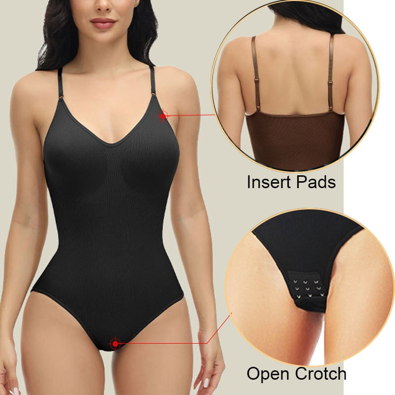 GUUDIA Body con scollo a V Spaghetti Strap Tute a compressione Body con apertura sul cavallo Shapewear Dimagrante Body Shaper Body liscio