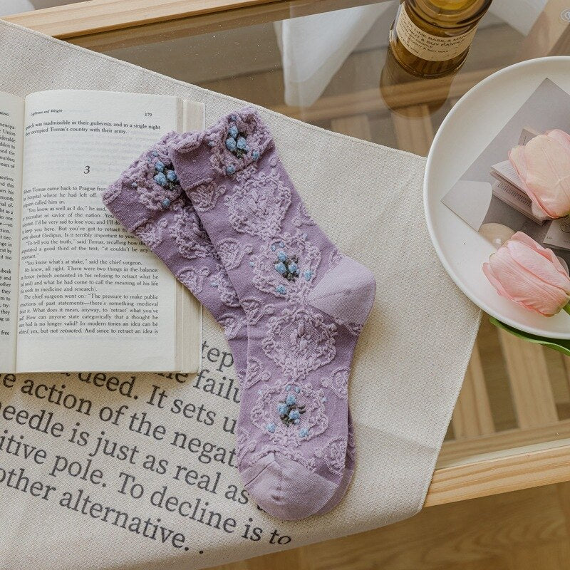 Prodotti 4 paia di calze da donna in cotone viola serie dolce di alta qualità Harajuku Kawaii Lolita ragazza carino grazioso regalo fiore calzini