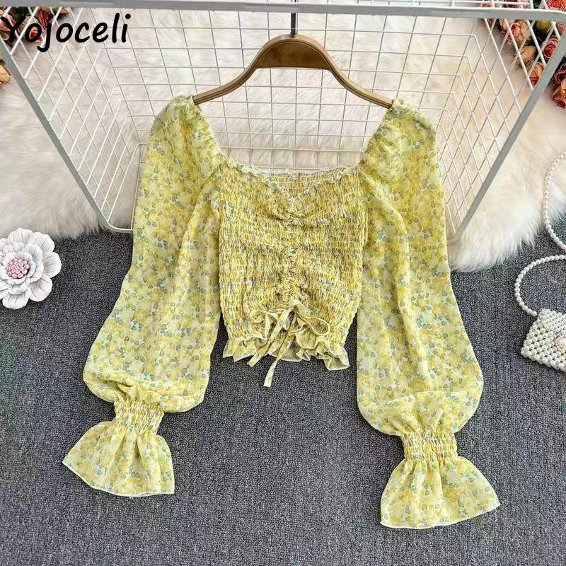 Prodotti Yojoceli Sexy camicetta in chiffon con stampa pieghettata da donna Autunno spiaggia casual short crop top femminile Camicetta elegante con volant