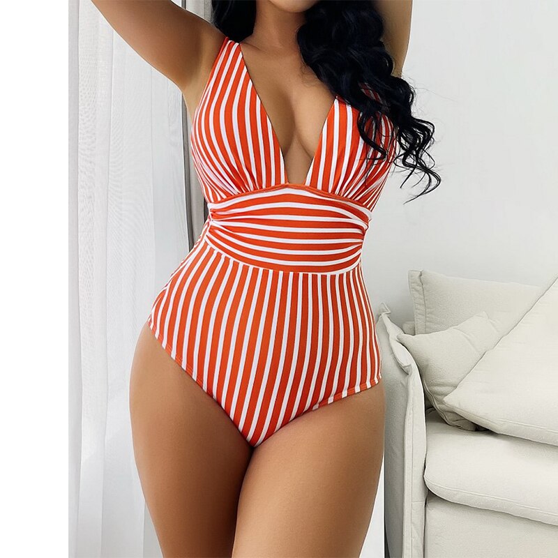 Prodotti Costume da bagno intero a righe Para Praia 2023 Costumi da bagno a V profonda per donna Costume da bagno sexy Fasciatura senza schienale Monokini a taglio alto