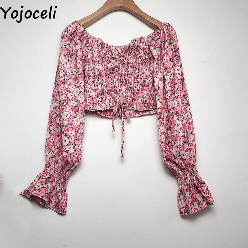 Prodotti Yojoceli Sexy camicetta in chiffon con stampa pieghettata da donna Autunno spiaggia casual short crop top femminile Camicetta elegante con volant