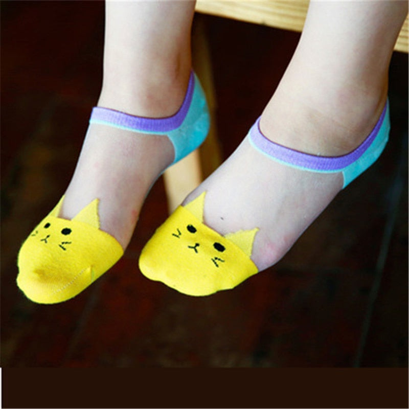 1Pair Cute Print Cat Harajuku Calzini trasparenti Donna Ragazze Summer Fun Animal Low Hipster Lovely Invisible Ankle Sox Female Sox