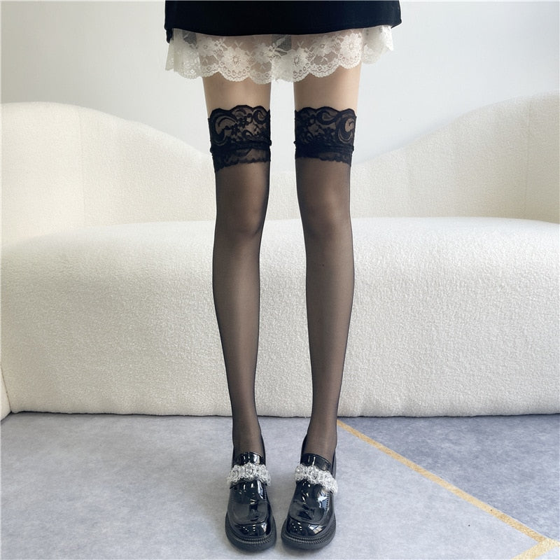 Prodotti Calze con fiocco in seta bianca Calze sopra il ginocchio JK giapponesi da donna Calze sexy a rete con coscia alta in pizzo Calzini lunghi Lolita