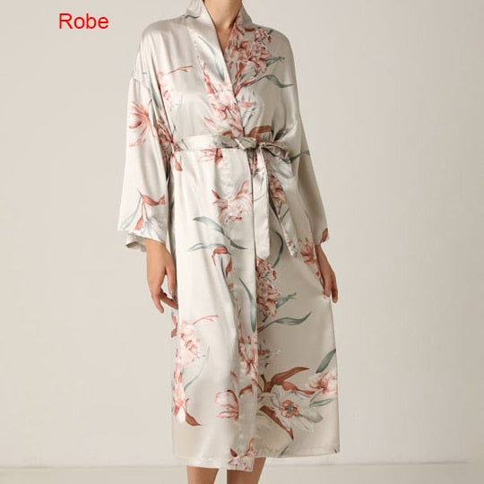 Prodotti Stampa Flower NightyRobe Suit Sleepwear Sexy Kimono in raso Abito da donna Accappatoio Intimo Lingerie Nightwear Camicia da notte di seta