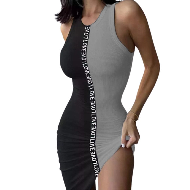 2022 Summer Women # 39; s Tank Dress Off Spalla O-Collo Cuciture a contrasto di colore Slim Sexy Hip Bodycon Mini Abiti Vestidos