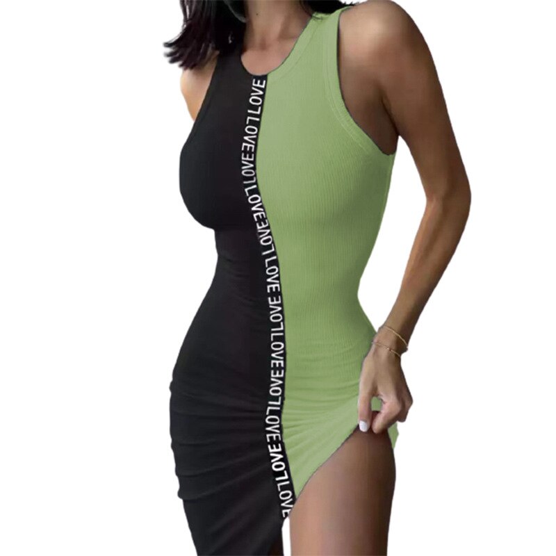 2022 Summer Women # 39; s Tank Dress Off Spalla O-Collo Cuciture a contrasto di colore Slim Sexy Hip Bodycon Mini Abiti Vestidos